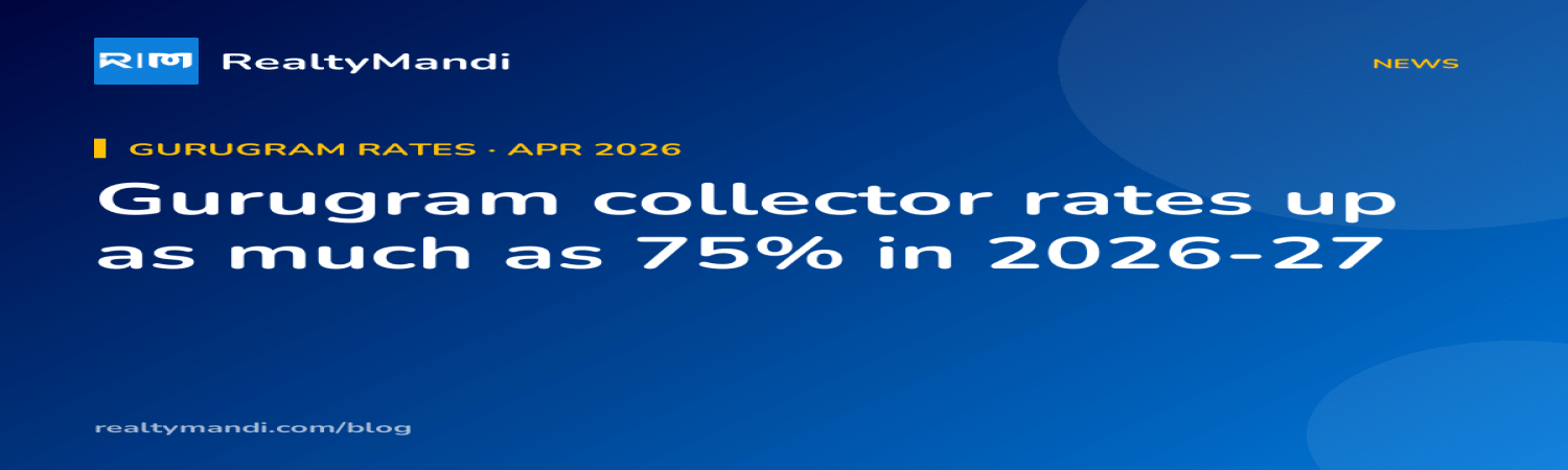 RealtyMandi news card on Gurugram's revised collector rates for 2026-27 and their impact on stamp duty for buyers