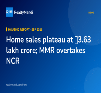 RealtyMandi news card on H1 2026 housing sales holding at ₹3.63 lakh crore, with MMR overtaking NCR by value