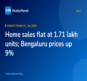 RealtyMandi news card on Knight Frank's H1 2026 report showing flat home sales and Bengaluru price growth