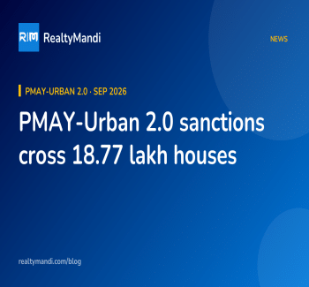 RealtyMandi news card on PMAY-Urban 2.0 sanctions reaching 18.77 lakh houses, with most homes allotted to women