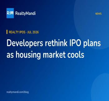 RealtyMandi news card on real estate developers delaying IPO plans in 2026 while office REITs continue to list